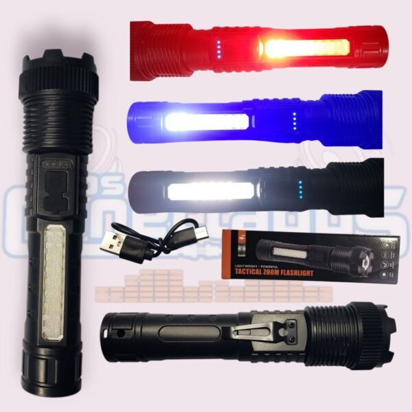 Linterna LED Recargable con Zoom, Luz Lateral y Emergencia Roja/Azul - Imagen 2