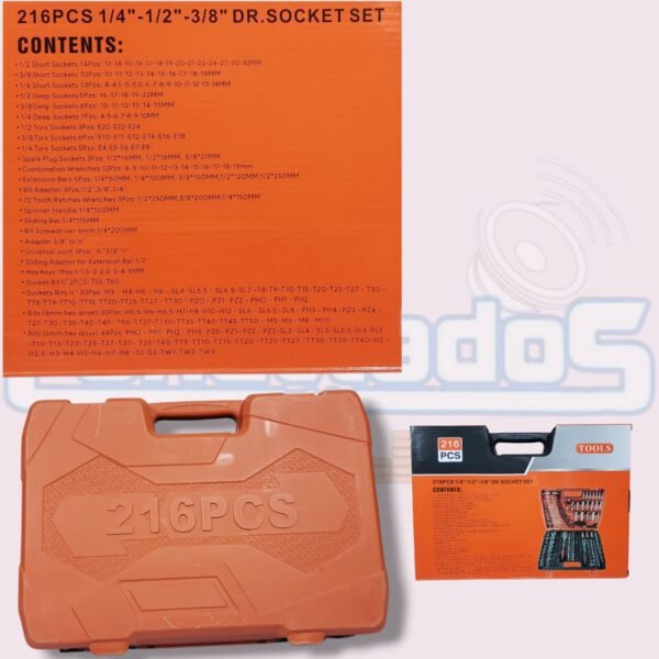 Caja de Dados 216 Piezas con Chicharras 1/2, 1/4 y 3/8 – Set de Herramientas Completo - Imagen 3