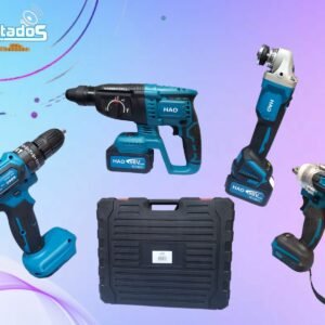 Maleta 4 Herramientas HAO – Pistola de Impacto, Esmeril, Taladro y Rotomartillo Inalámbricos